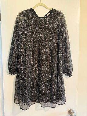 LOFT Black Floral Tiered Dress with Pink Accents